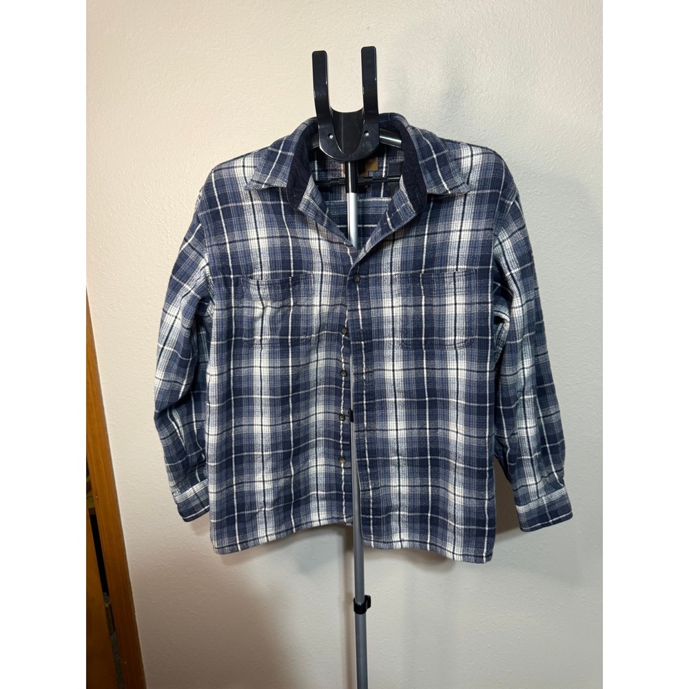 St Johns Bay Womens Blue White Plaid Flannel Shirt Long Sleeve Button Down Large